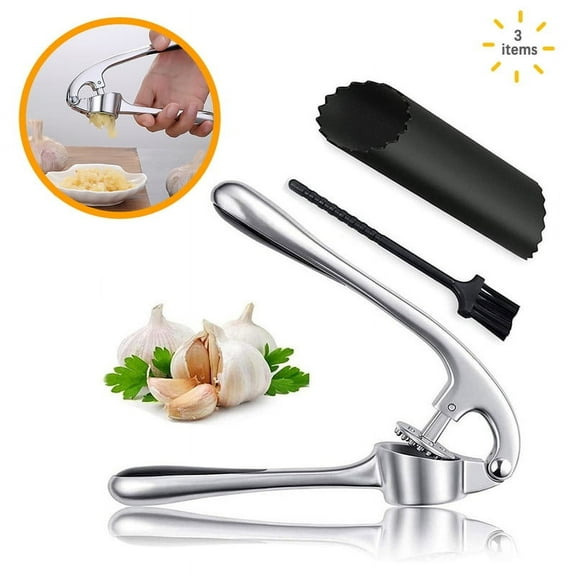 Premium Garlic Press Set - Stainless Steel Garlic Press, Rust-proof and Dishwasher Safe Professional Garlic Press Tool Easy to Clean with Ergonomic Handle - Silicone Garlic Peeler and Brush