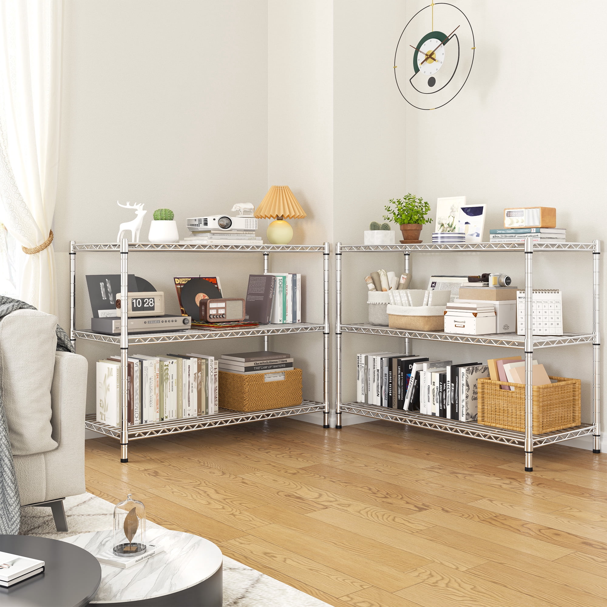REIBII 35.5"W Wire Shelving Unit,3-Tier Heavy Duty Metal Storage Rack,Adjustable Shelf Organizer for Kitchen,Pantry,Silver