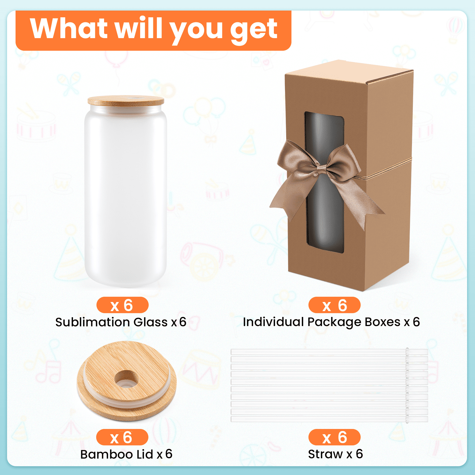 Adnoom 6 Pack Sublimation Tumblers, 20oz Sublimation Glass Blanks w/ Bamboo Lid, Frosted Glass Cup for Iced Coffee Juice Soda Drinks DIY Gifts