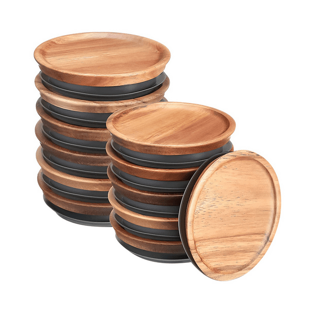 12Pcs 3.5 Inch Wide Mouth Mason Jar Lids Reusable Canning Lids Wooden Mason Jar Lids with Airtight Silicone Seal