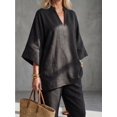 thumbnail image 5 of Women's Summer 2 Piece Outfits Lounge Sets Three-quarter Sleeve Top Wide Leg Cropped Pants with Pockets, 5 of 6