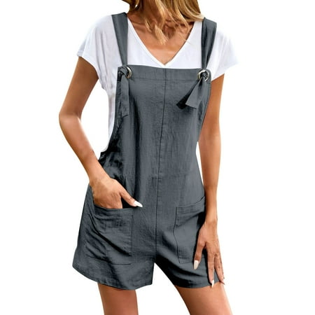 Kaimada Women s Solid Color Patch Bag Loose Casual Jumpsuit With Shoulder Straps
