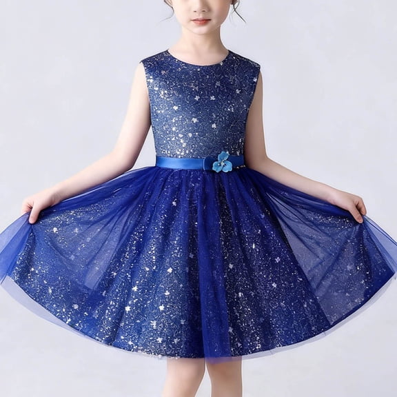 BRGZLK Girls Sequin Dress Star Sequin Mesh Skirt Tween Girl Sleeveless Round Neck Prom Party Dress Performance Costume Blue 5-6 Years