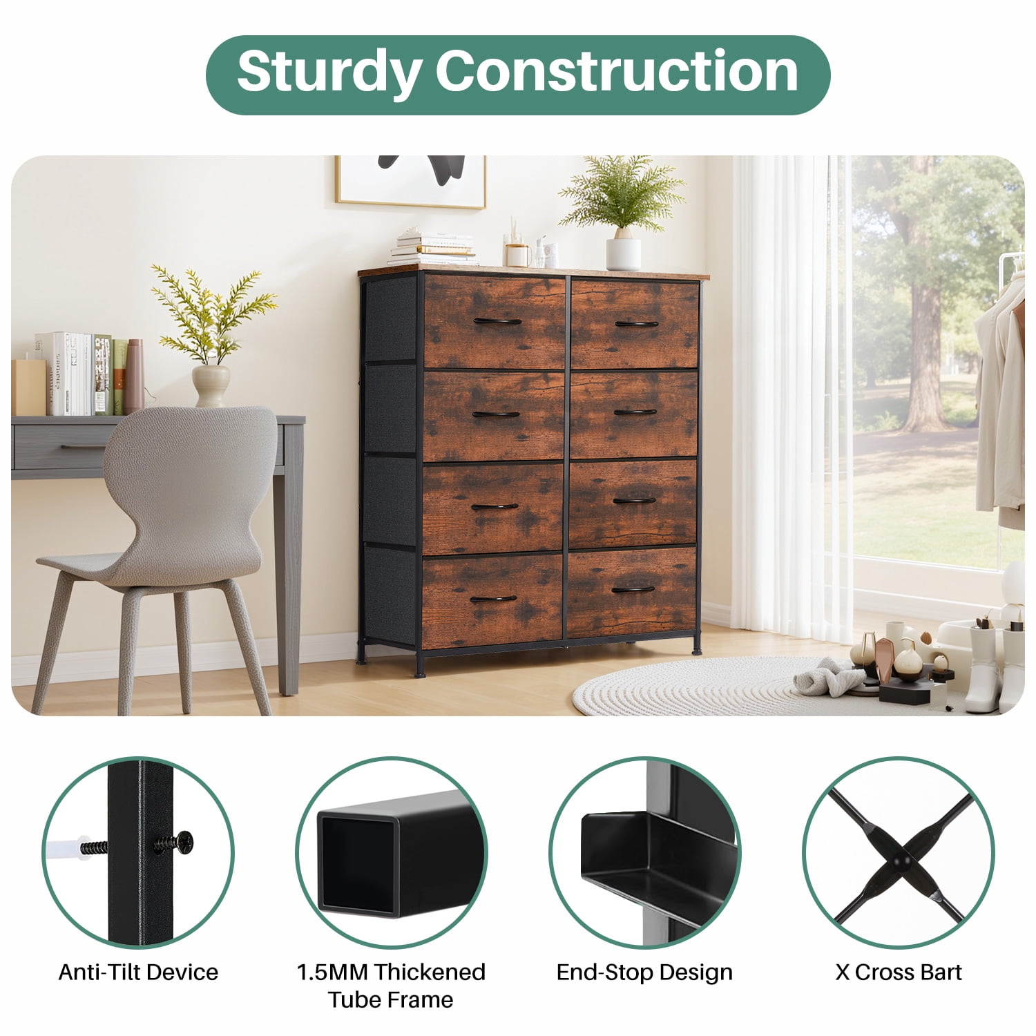 TINKLE WELL 8 Drawers Dresser for Bedroom with Metal Frame, Wood Tabletop, Storage Chest Drawers, Rust