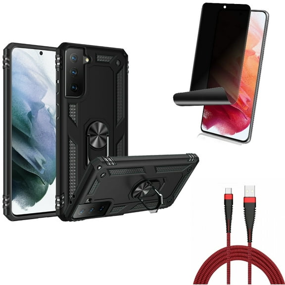 Privacy Screen Protector & 10ft USB Cable & Hybrid Case Cover for Samsung Galaxy S22 (6.1") - TPU Film Fingerprint Works & Type-C Charger Cord & Metal Ring Kickstand Accessory Bundle