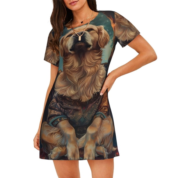 Easygdp Tree Meditating Golden Retriever Camisón de manga corta para mujer, informal, estampado