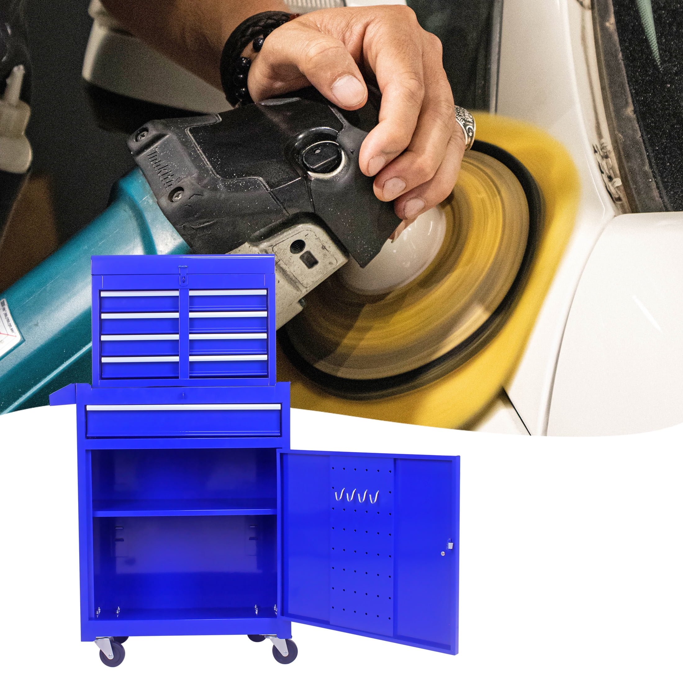 Noble House Rolling Tool Chest, 5-Drawer Metal Storage Box Organizer with Detachable Top & Adjustable Shelf, Blue