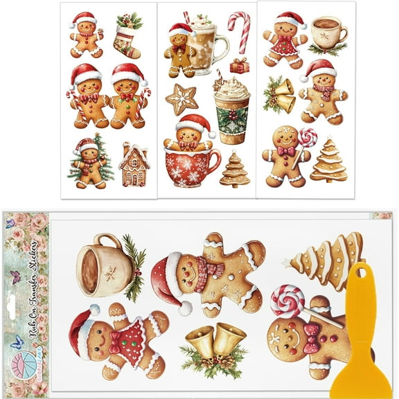 3 Sheets Gingerbread Man Rub on Transfers Furniture Decor Transfer Stickers 11.8x5.9inch Christmas Coffee Cup Decals Stickers