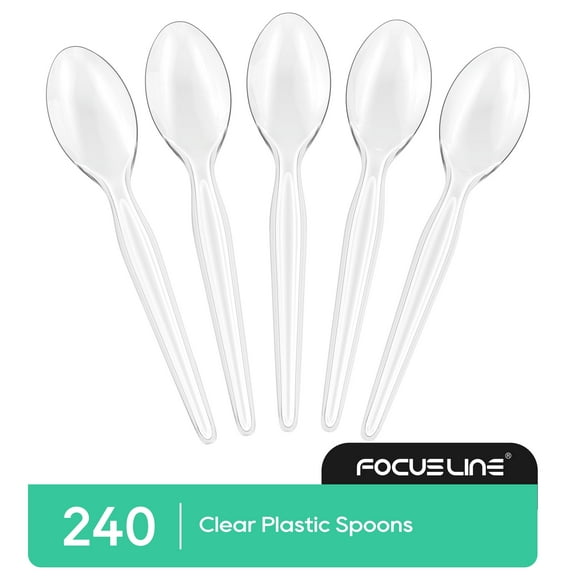 Focusline 240 Count 6.2 inch Clear Plastic Spoons Heavy Duty, Solid and Durable Premium Disposable Spoons Bulk, Suitable for Catering, Parties, Events and Everyday Use