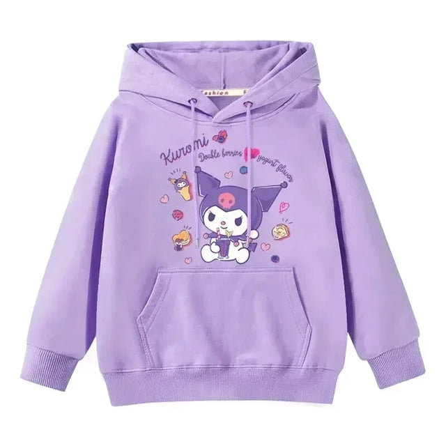 sanrio-sudadera con capucha my melody kuromi kawaii para padres e hijos, abrigo de lana con dibujos animados para estudiantes, niñas y adultos Sudadera con capucha lila, vista frontal centrada con silueta holgada, bolsillo canguro y puños acanalados; estampado Kuromi en el pecho con corazones y personajes pequeños, capucha con cordones, confeccionada en franela; adecuada para otoño e invierno y a menudo usada como suéter cómodo para salidas familiares.