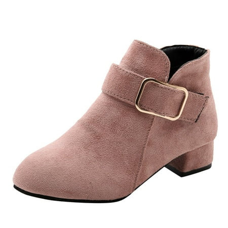 Quealent Back To School Kids Ankle Boots Flower Buckle Straps Low Heel Fall Winter Booties Shoes (Pink 2)