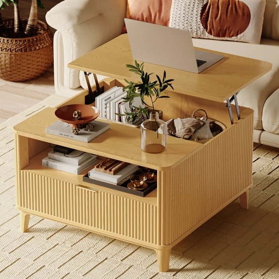 TOKSOM 31.5" Square Lift-Top Coffee Table with Drawer & Open Shelf - Adjustable Height Side Table for Living Room, Bedroom, Sturdy Metal Frame (150 lbs Capacity)