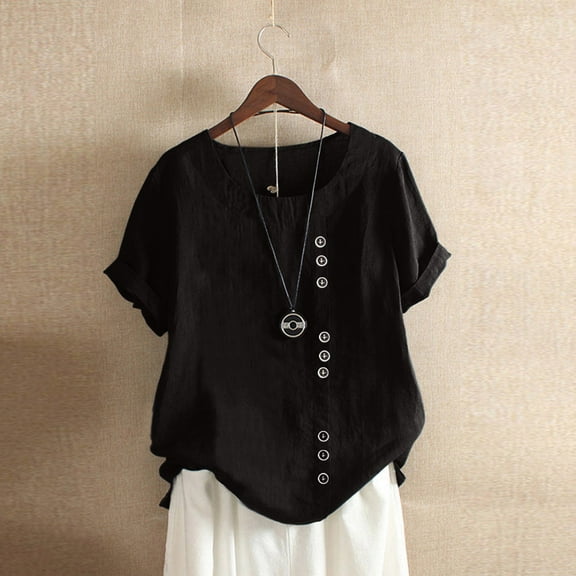 Shiusina Womens Casual Loose Button Linen Plus Size Daily Boho Tanic T-Shirt Blouse Tops Black