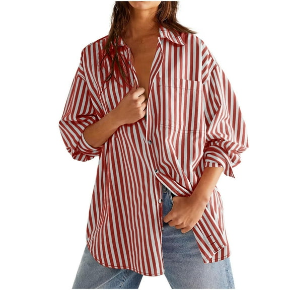 Ecqkame Women's Striped Shirts Long Sleeve Turndown Collar Business Tops Casual Lightweight Button Down Work Blouses Red M