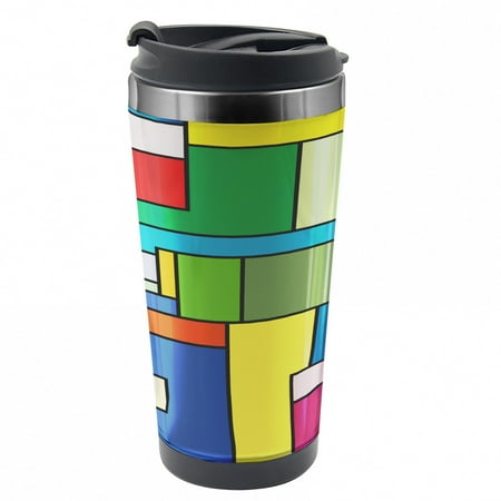 

Art Travel Mug Vivid Mondrian Squares Steel Thermal Cup 16 oz by Ambesonne