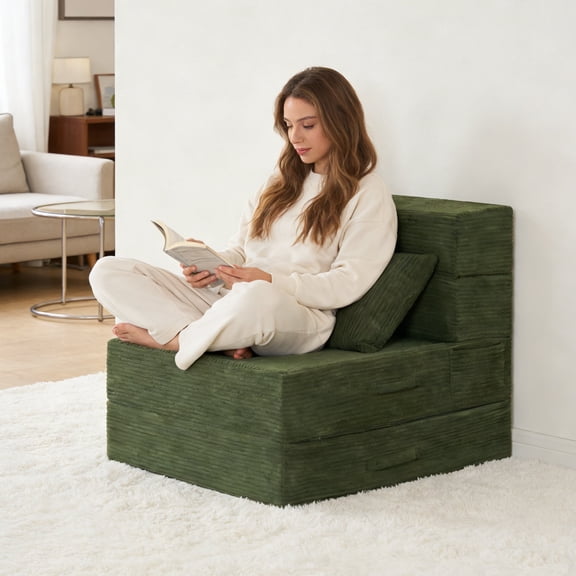 Jakoola Folding Sofa Bed - Convertible Floor Couch with High-Density Foam and Comfortable Corduroy Cover, Portable Chair with Fitted Bag and Pillow, Green