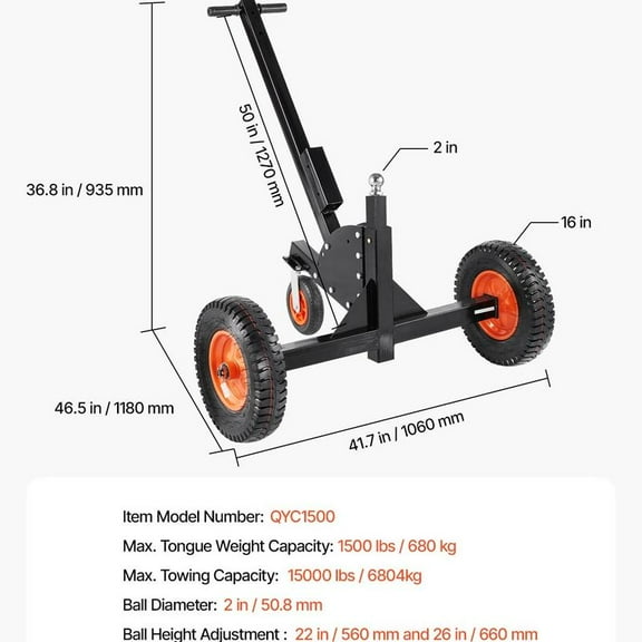 VEVOR Adjustable Trailer Dolly, Max. 15000lbs Towing Capacity, 2 in 1 Trailer Mover with 22'' / 26'' Adjustable Height & 2'' Ball, 16'' Pneumatic Tires & Universal Wheel, for Moving Car RV Trailer