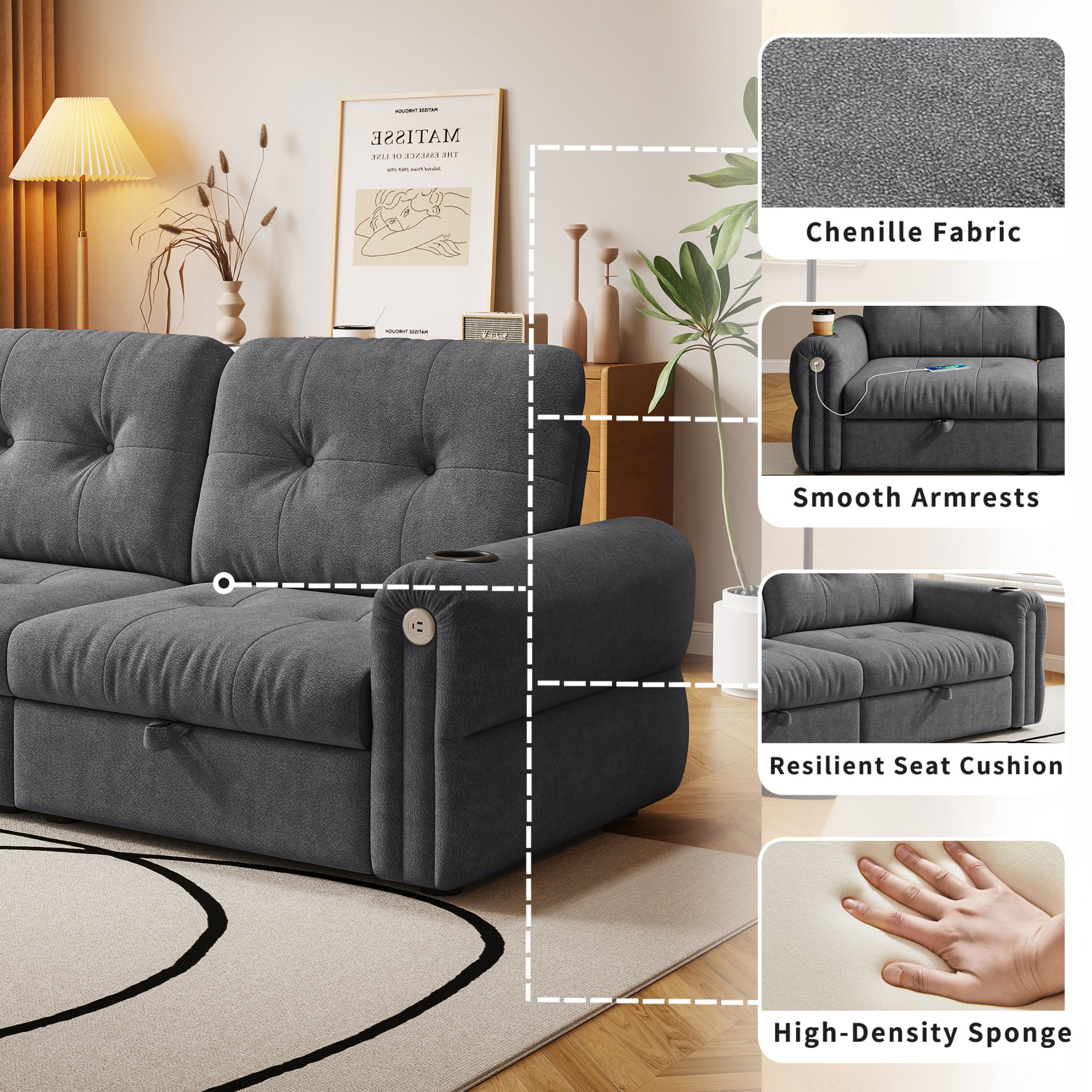 77" Queen Size Sofa Bed, Loveseat Sleeper Sofa with Pull Out Bed and USB, 2 Seater Convertible Small Couch for Living Room Bedroom Apartment (Dark Grey, Chenille)