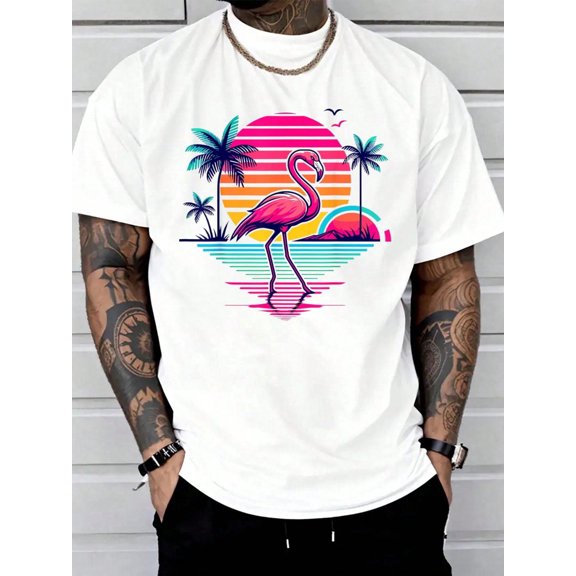 Flamingo Beach Summer Palm Trees Tropical Summer T-Shirt Print T-Shirt Casual Crew Neck Short Sleeve Comfort Tee Top For Spring & Summer Men's Clothing