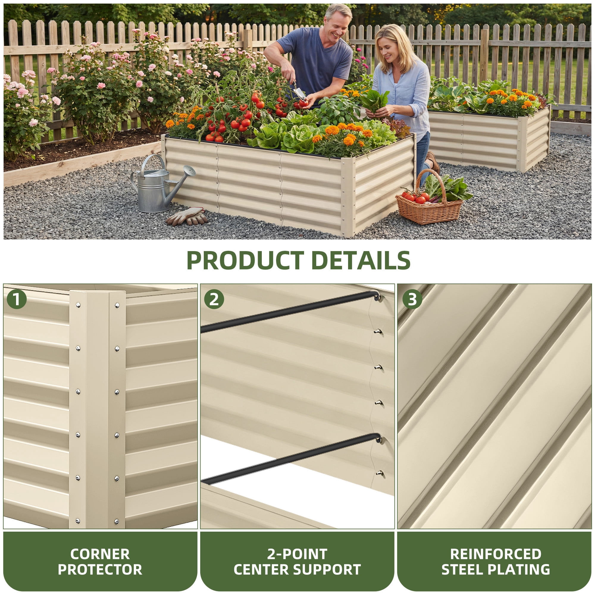 Uforic Galvanized Raised Garden Bed Kit, Metal Planter Box with Gloves, Metal Raised Garden Beds for Vegetables,Cream,8x4x3ft
