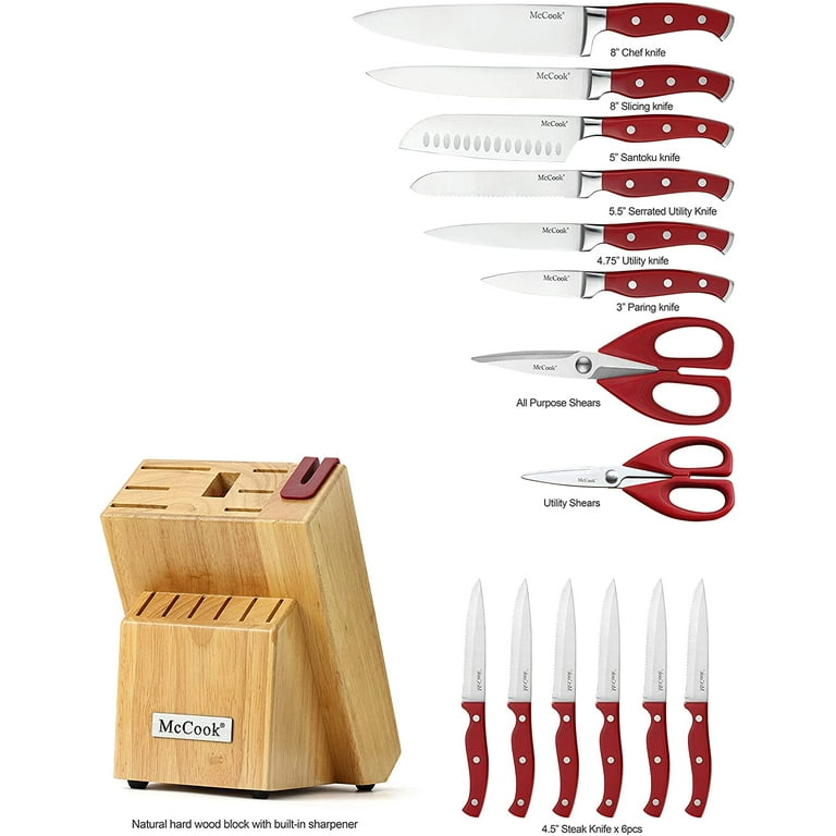 McCook 15-Piece Kitchen Knives Set, Stainless Steel MC18 with Block 