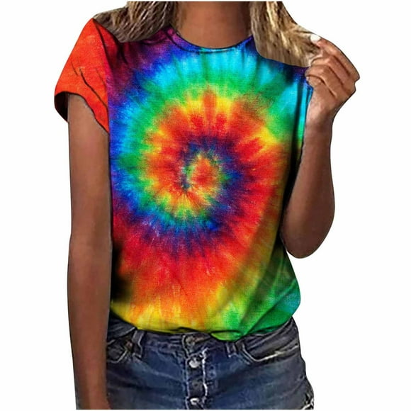 Pompotops Women Tie Dye Print Summer Tops Short Sleeve Crew Neck Fashion T Shirts Tee Loose Fit Printed Pattern Casual Tops Blouse