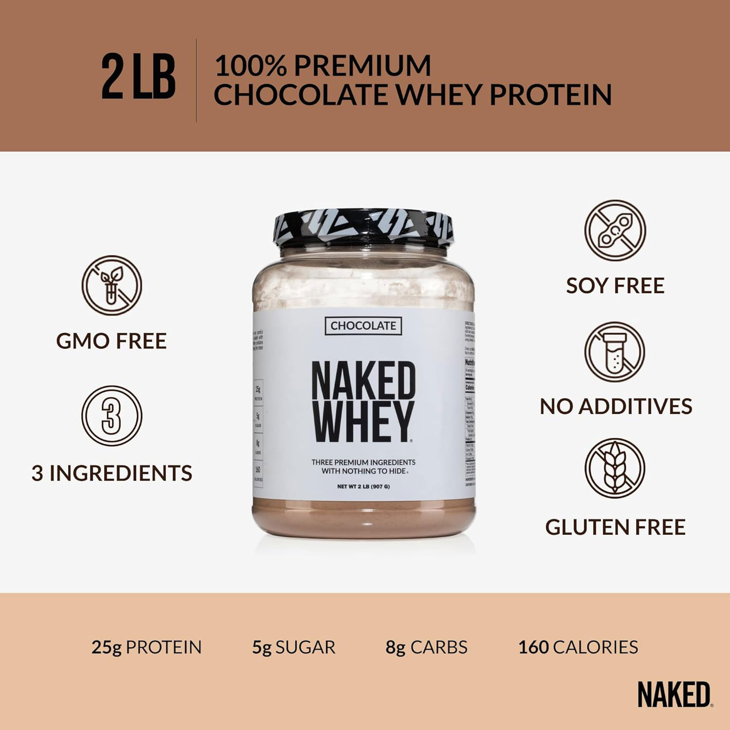 Naked Whey Chocolate Protein Powder - Only 3 Ingredients - Grass Fed Whey Protein Powder, Organic Chocolate and Organic Coconut Sugar, No GMO, No Soy, and Gluten Free - 24 Servings