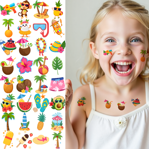 54 Temporary Tattoo Stickers Waterproof Long Lasting Body Stickers Hawaiian Beach Coconut Tree Ice Cream Swimming Ring Kids Boys Girls Tattoo Stickers Arm Forearm Shoulder Cheek