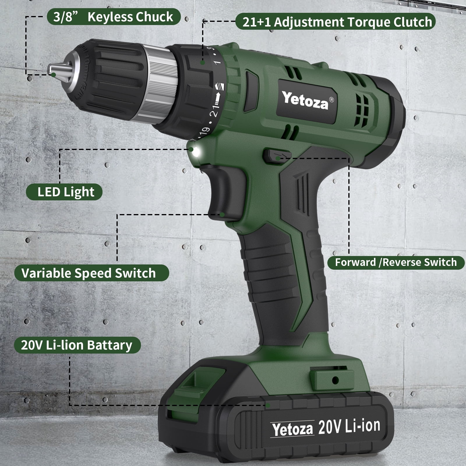 20V Cordless Drill Set with Lithium-Ion Battery and Charger, Electric Power Drill/Driver Kit, 3/8" Keyless Chuck, 22 Torque Settings, Includes 60pcs Drill Bits and Sockets for Home DIY Projects