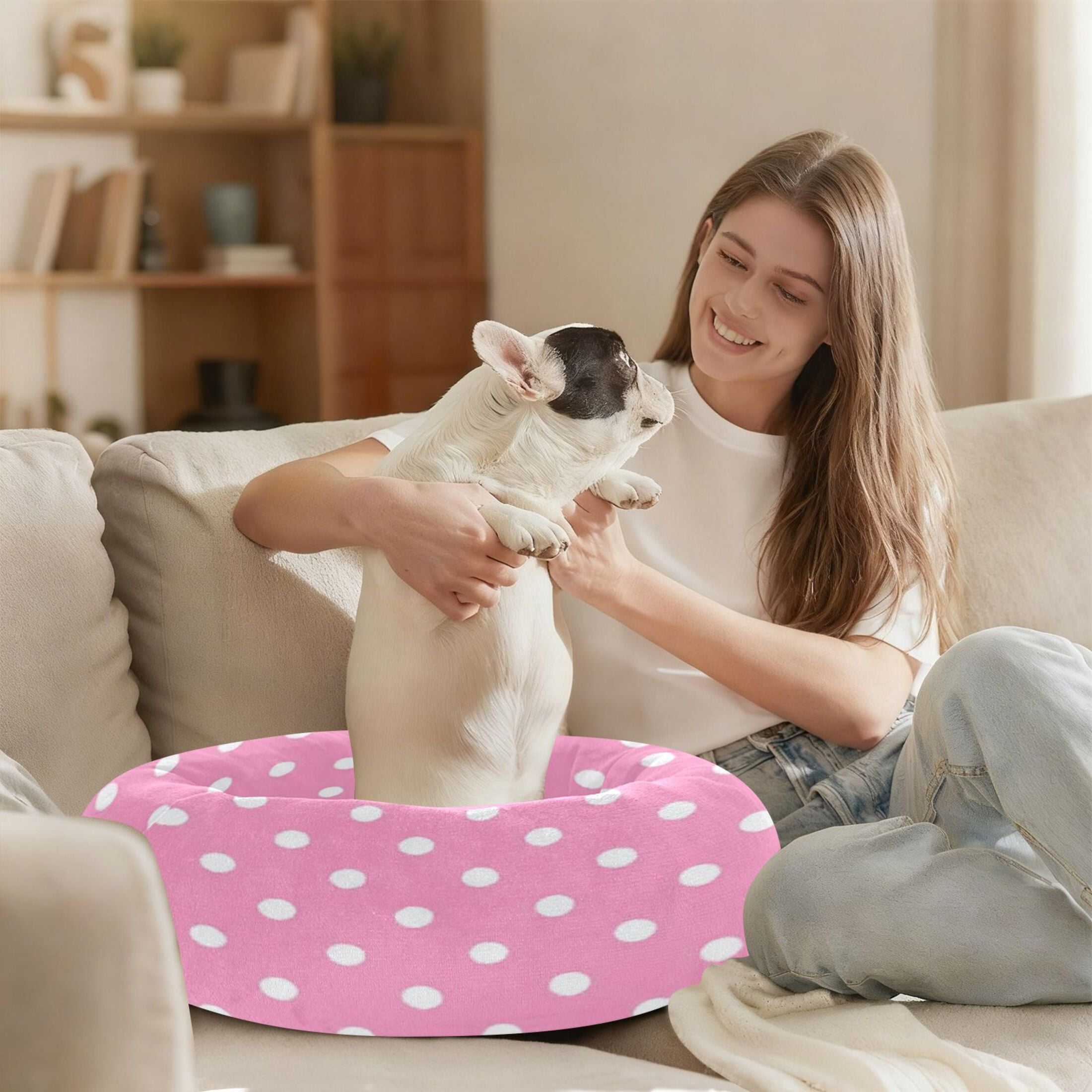Iauyy Pet Couch Donut Cat Bed for Indoor Cats/Small Dogs Washable & Machine with Non-slip Bottom Calming Cat Furniture, Dot Fabric (M)