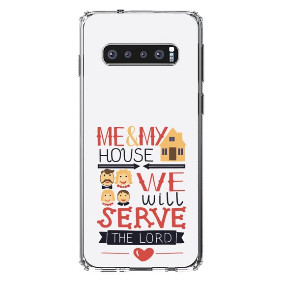DistinctInk Clear Shockproof Hybrid Case for Samsung Galaxy S10  PLUS(6.4" Screen) - TPU Bumper, Acrylic Back, Tempered Glass Screen Protector - Me & My House We Will Serve the Lord