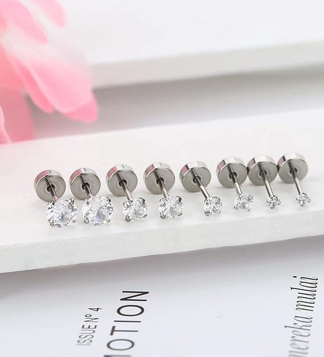 Xukmct 18 Pairs Studs Earrings 2mm Round Cubic Zirconia Earring Flatback 316L Stainless Steel Studs Earrings for Women Men, Silver