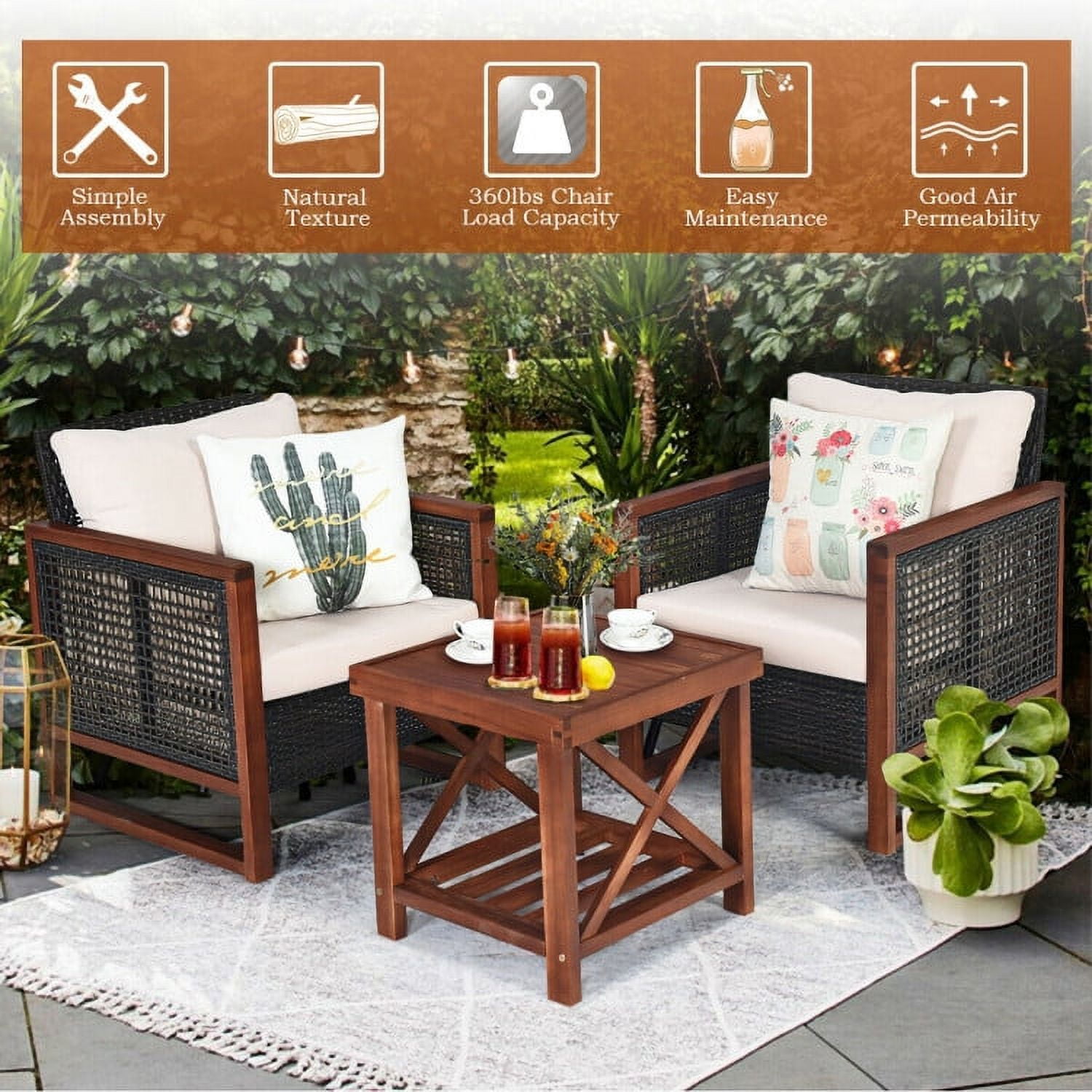 Aimee Lii 3 Pieces Patio Rattan Furniture Set with Washable Cushion and Acacia Wood Tabletop, Small Patio Set, B-Beige Aimee Lii 3 Pieces Patio Rattan Furniture Set with Washable Cushion and Acacia Wood Tabletop, Small Patio Set, B-Beige