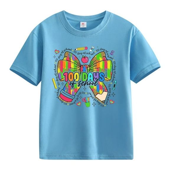 LNMQLPDBS Toddler Shirts 100 Days of School Shirt Boys Letters Graphic Printed Short Sleeve Crewneck T Shirt Summer Tops for Kids Sky Blue 4-5 Years