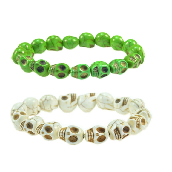 Green and White Skull Turquoise Stone Beaded Stretch Bracelets - Tibetan Prayer Skeleton Hand Bracelet - 91077