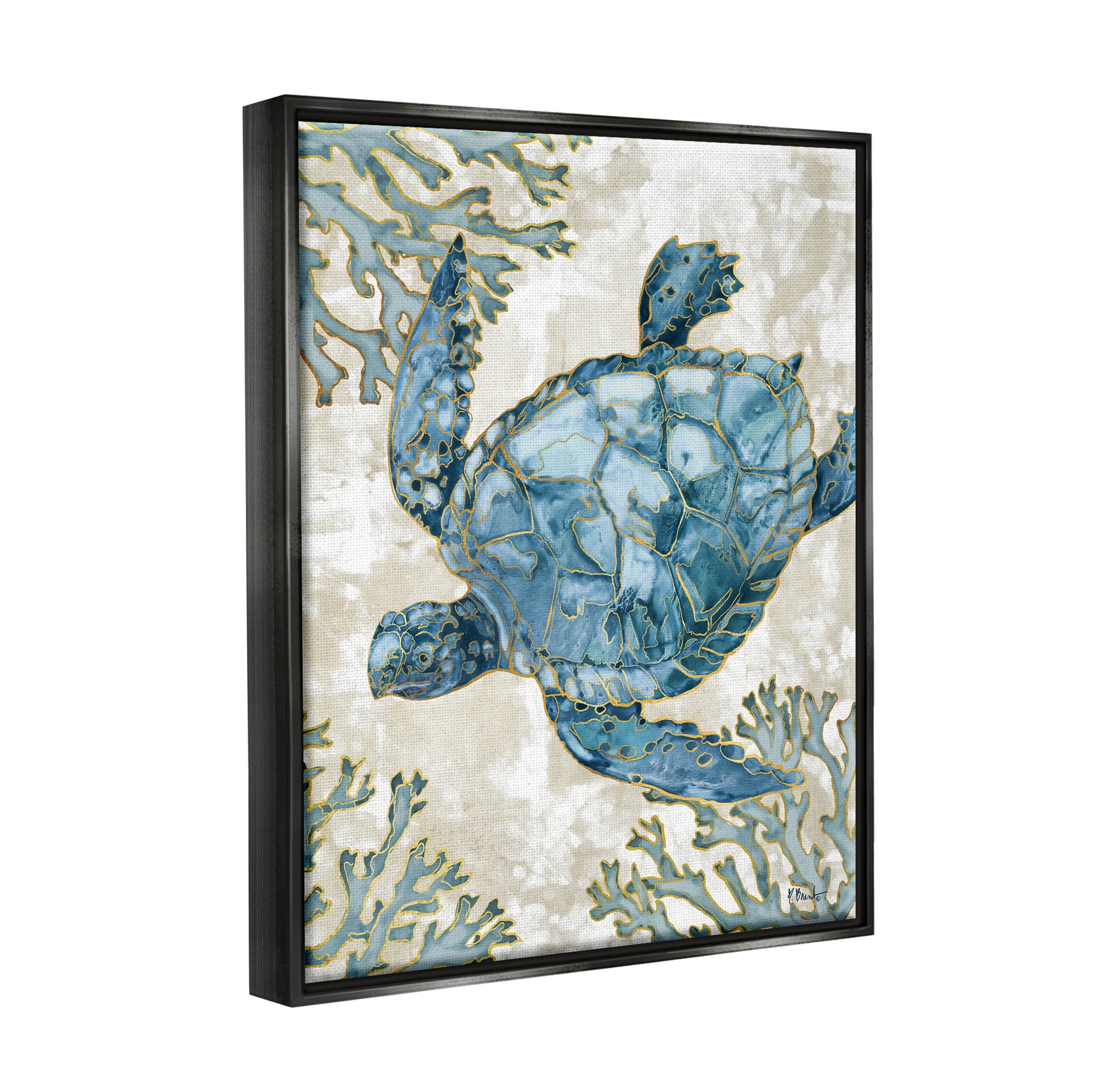 Stupell Industries Sea Turtle Swimming Playa Sealife Graphic Art Jet Black Floating Framed Canvas Print Wall Art, Design by Paul Brent