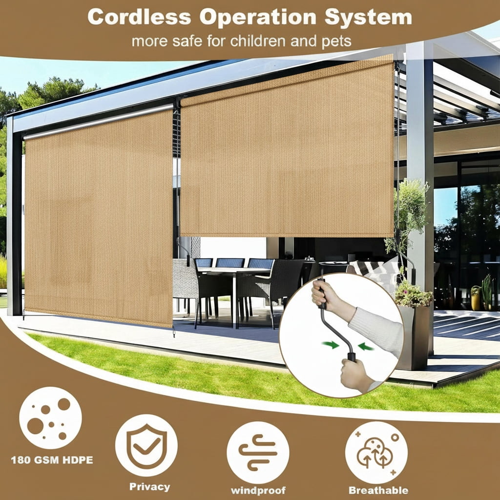 LIFERUN Outdoor Roller Sun Shade 6'W x 6'H, HDPE Shade Cloth & Aluminum Tube, Easy Install for Outdoor Pergola, Porch, and Garden (Sesame)