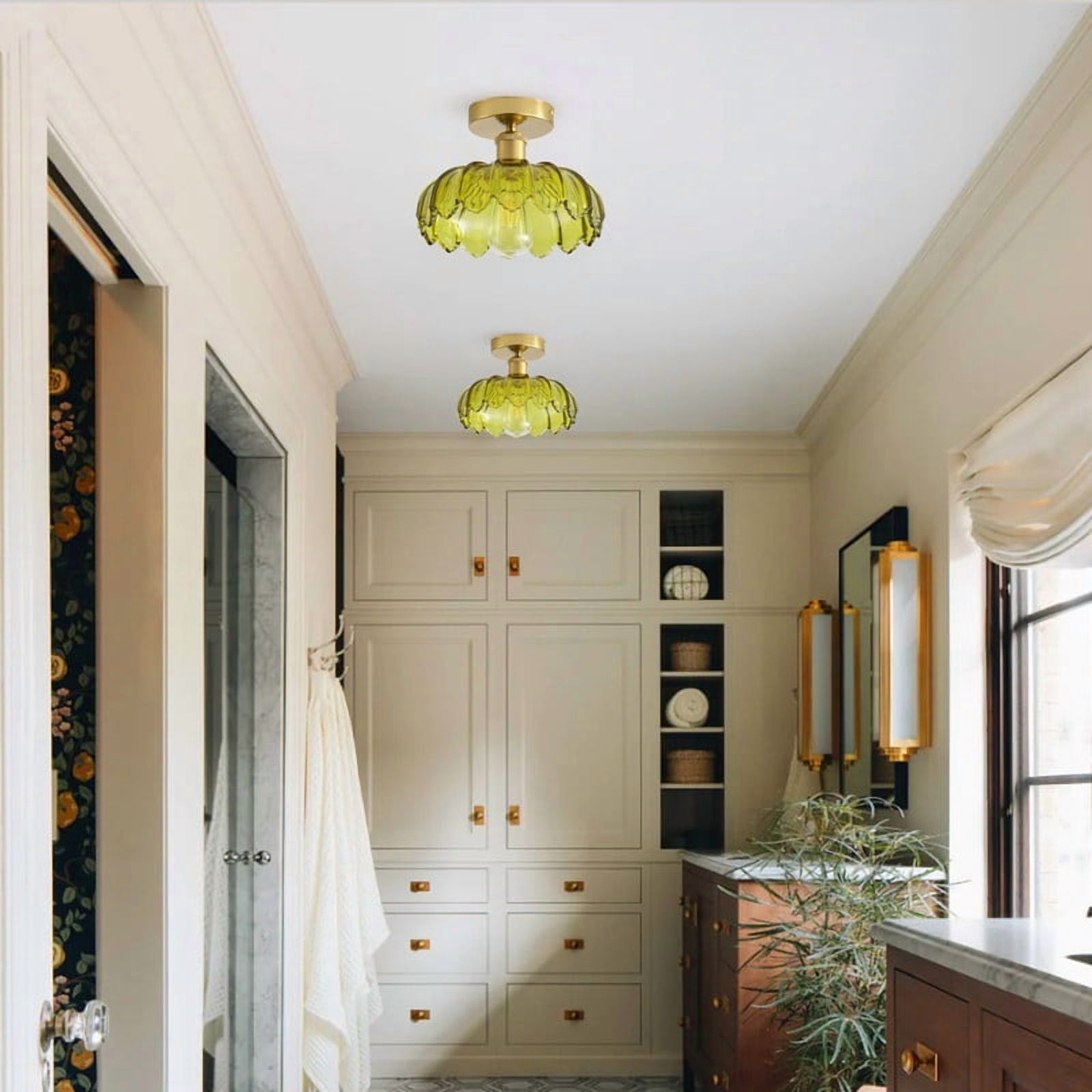 Boho Semi Flush Mount Ceiling Light with Green Glass Shade - Retro Petal Shade Close to Ceiling Light for Hallway,,Living Room & Balcony (9.84")