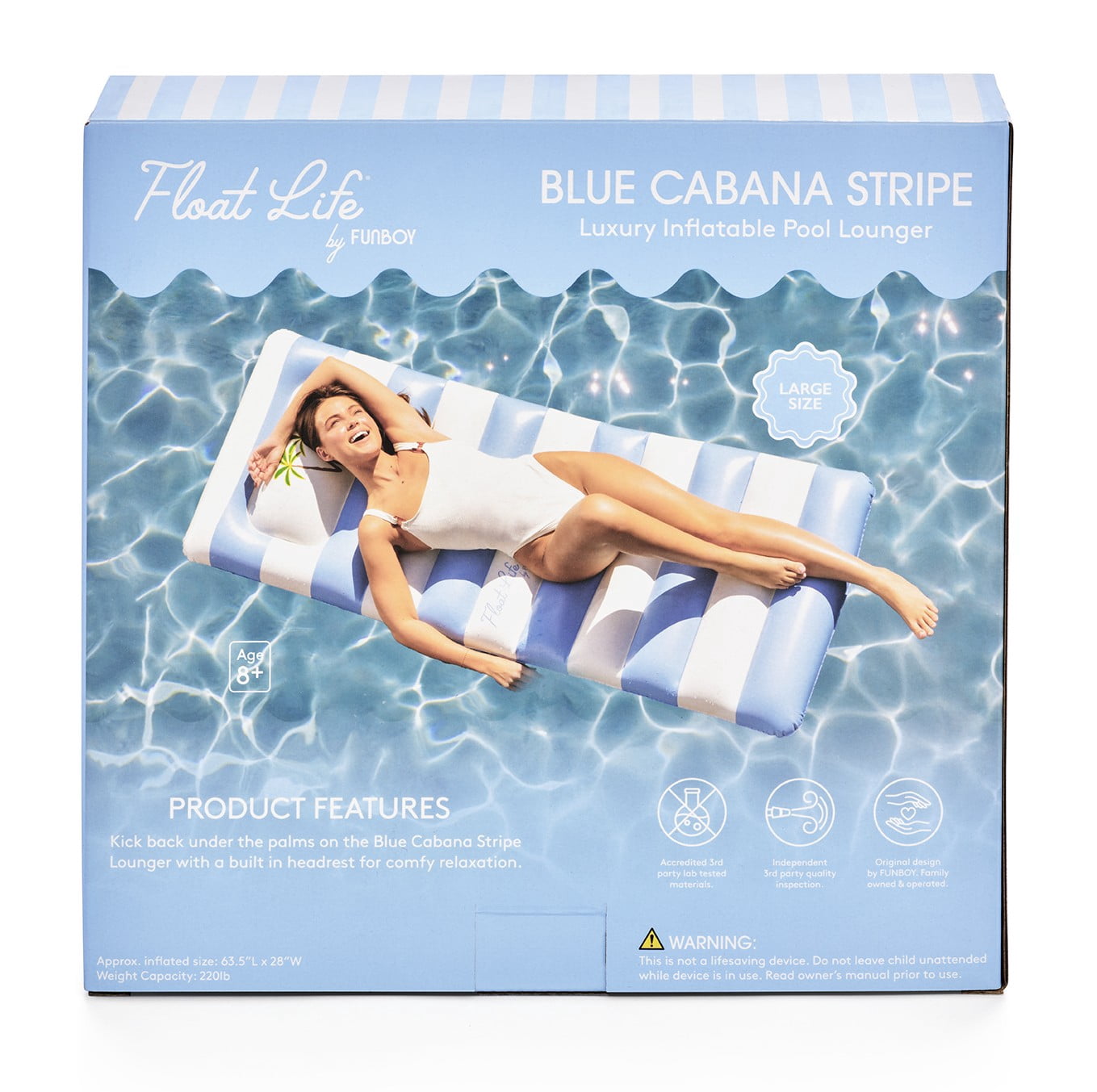 Float Life by FUNBOY Blue & White Striped Palm Pool Float Lounger, Oversized Design, Adults or kids Ages 8+
