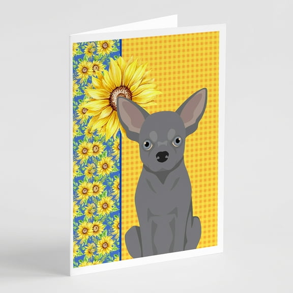 Summer Sunflowers Blue Chihuahua Greeting Cards and Envelopes Pack of 8 7 in x 5 in