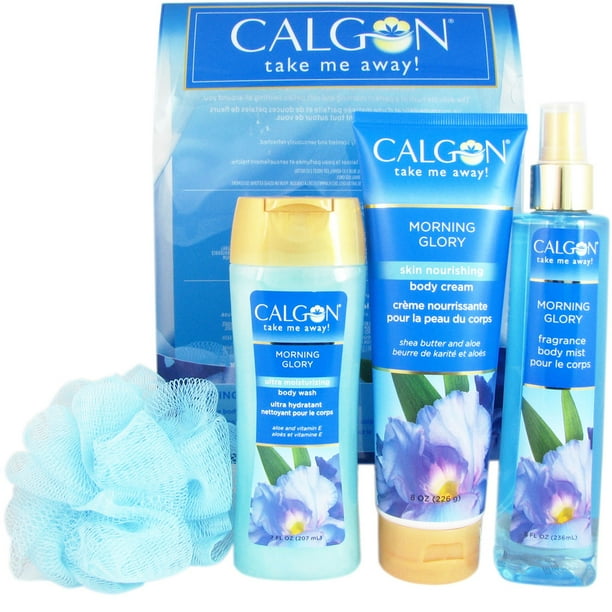 Calgon Nourishing Morning Glory Bath Gift Set with Pouf, 4 Pieces