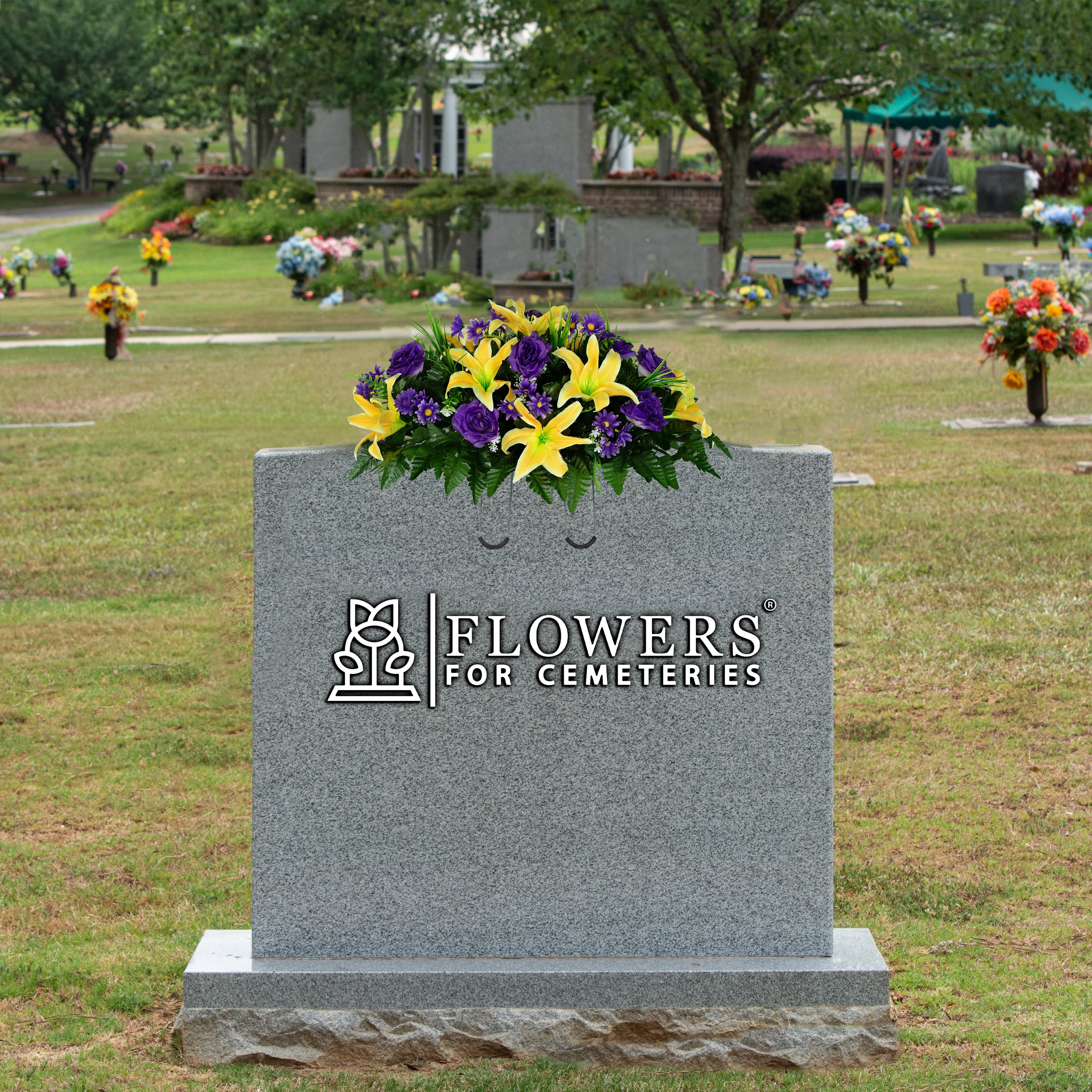 Sympathy Silks Artificial Cemetery Flowers - Yellow Lily with Purple Roses and Daisies - Saddle for Headstone