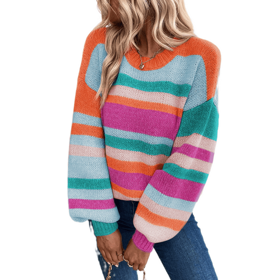 Women's Multicolor Striped Knit Drop Shoulder Puff Sleeve Sweater - [ZhiHiMeRi] | (US 4-6)S,Multicolor