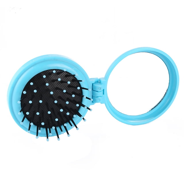 Graflsoa Compact Blue Folding Mirror Comb - Portable Plastic Round Design for On-the-Go Styling