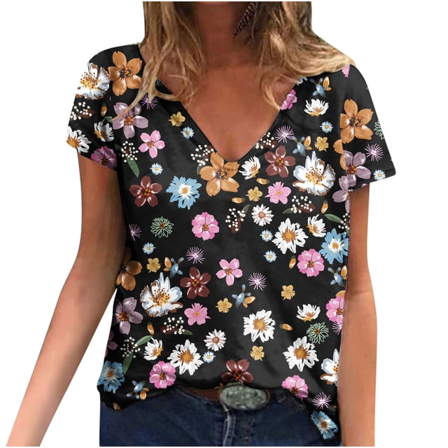 Blusa estampada de verano para mujer, camisetas casuales de manga corta con cuello en V, camisetas Pompotops hkajfhjk472568
