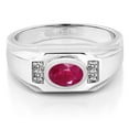 thumbnail image 2 of Gem Stone King Men's 925 Sterling Silver Red Ruby and White Diamond Ring (2.02 Cttw, Gemstone July Birthstone, Oval 8X6MM,, Size 9), 2 of 3