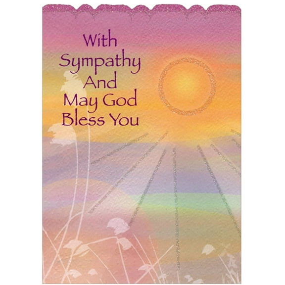 Designer Greetings Glitter Sun and Sunbeams in Orange and Pink Sky Die Cut Z-Fold Religious Sympathy Card