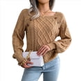 thumbnail image 3 of Suéteres Casuales de Punto con Estampado de Leopardo para Mujer, Suéteres de Larga con Cuello Redondo Caqui L, 3 of 9