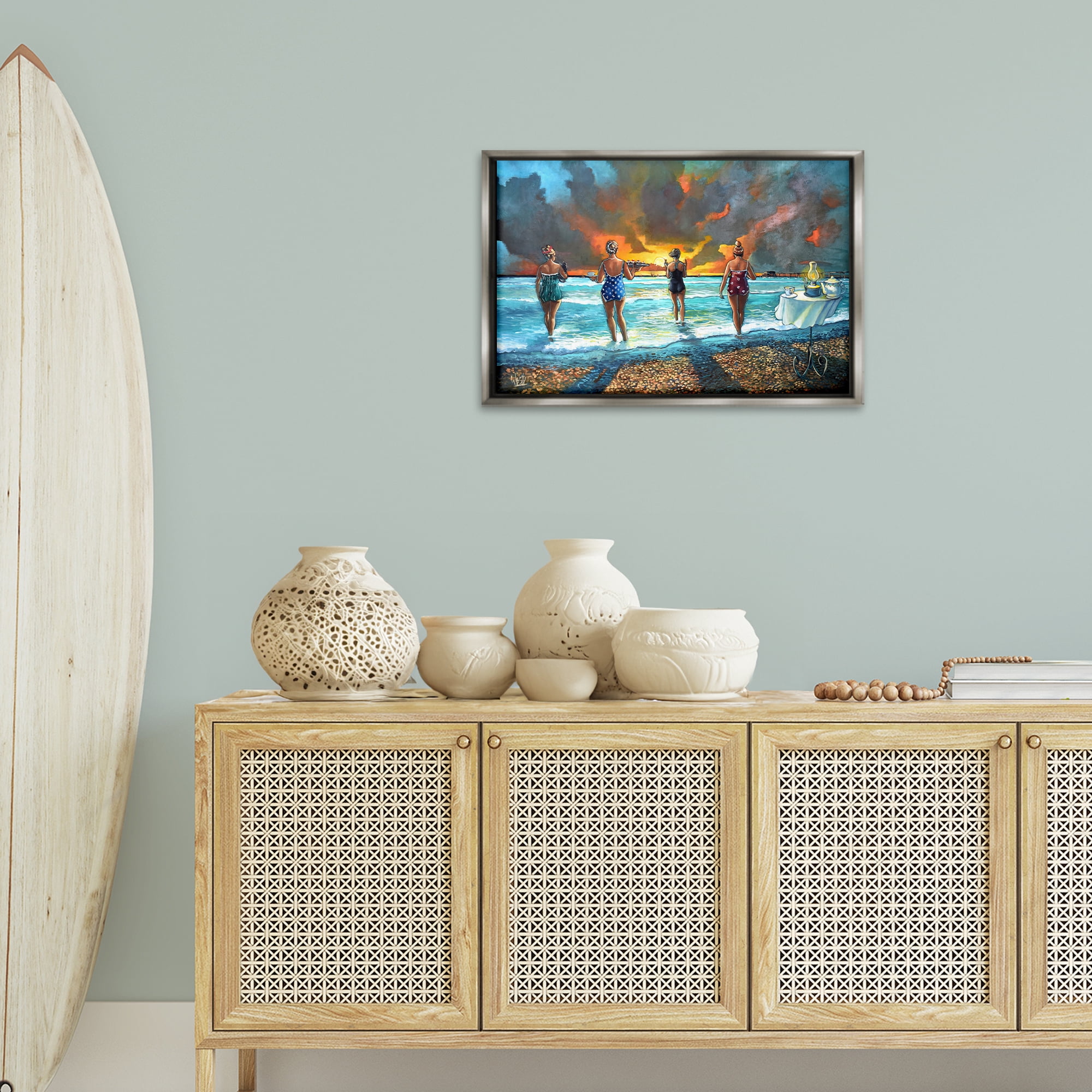 Stupell Industries Elegant Ladies on Beach Novelty Painting Gray Floater Framed Canvas Art Print Wall Art, 25 x 17