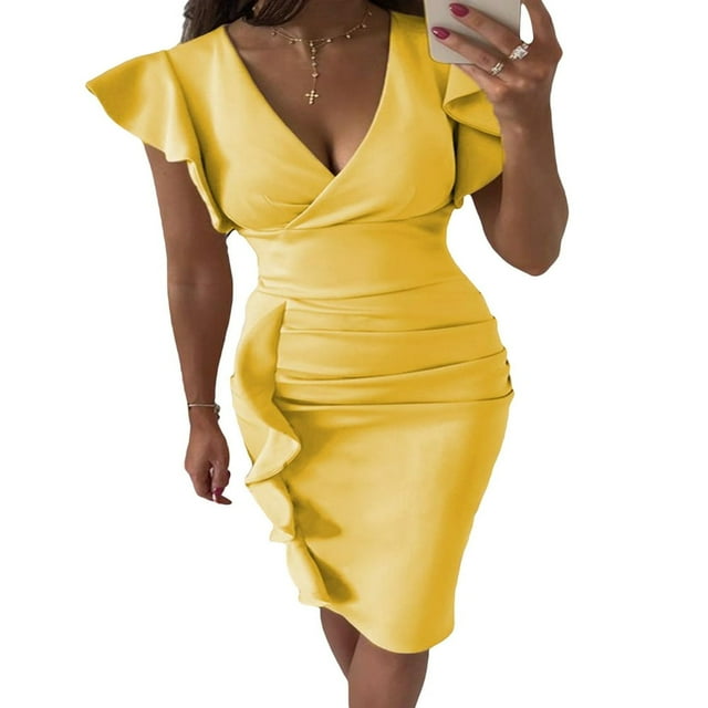 Femmes Été Près du Cou Manches Robe V Swing Robe avec Poches Couleur Unie une Seule Pièce